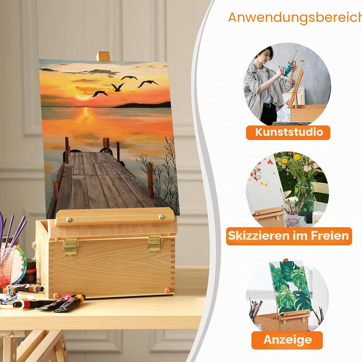 VISWIN Grosse Tisch-Staffelbox mit 3 Schubladen, Hält Leinwände bis zu 63 cm, tragbare Staffeleibox
