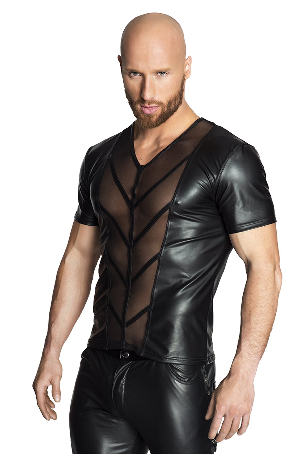 NOIR HANDMADE, H029-L, Men - Kunstleder/Tüll T-Shirt teiltransparent mit V-Ausschnitt und aufgesetzt