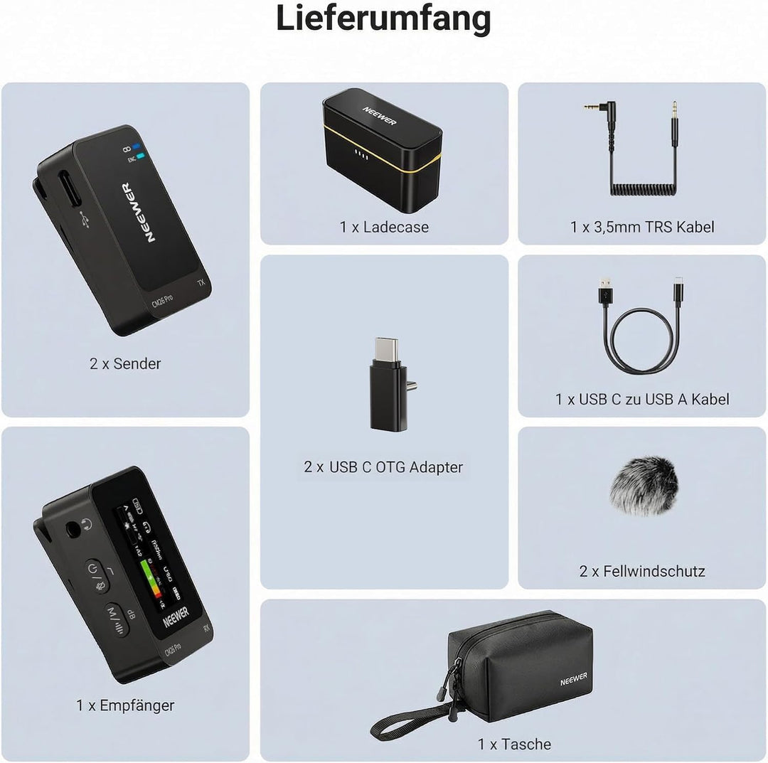 NEEWER CM26 Pro AI Drahtloses Mikrofon kompatibel mit iPhone Android Kameras PCs, Ansteckmikrofon DS