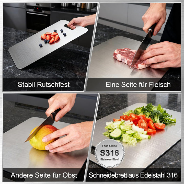 3 Stück Titan Schneidebrett Set, Upgrade S316 Schneidebrett Edelstahl mit Schwamm, Doppelseitiges L