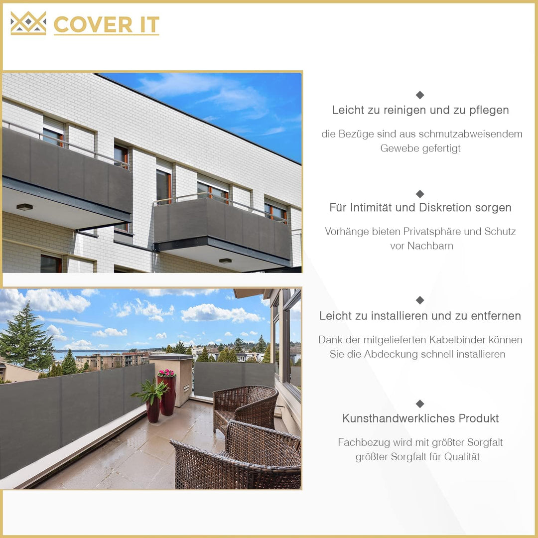 COVER IT Balkon Sichtschutz 95 x 700 cm Graphit | Balkonsichtschutz ohne Bohren mit Ösen für Balkon,