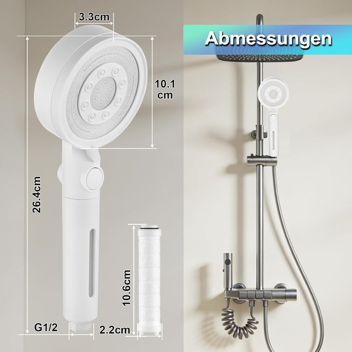 Duschkopf mit 4 PP Filter, Hochdruck Duschkopf Weiss | Handbrause mit 5 Sprühmodi, wassersparender D