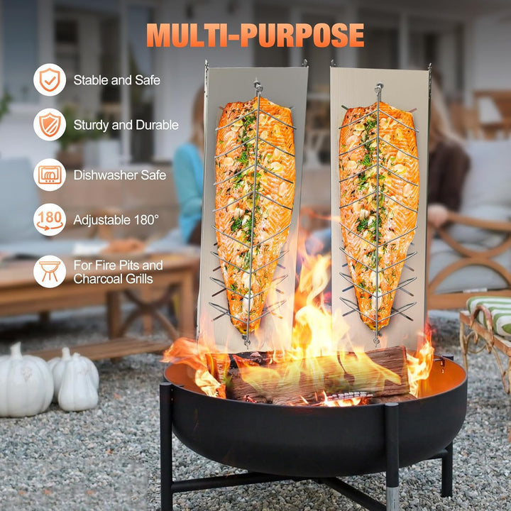 onlyfire Flammlachsbrett Edelstahl, Extra Breit 19cm Flammlachshalter, Lachsbretter zum Grillen Feue