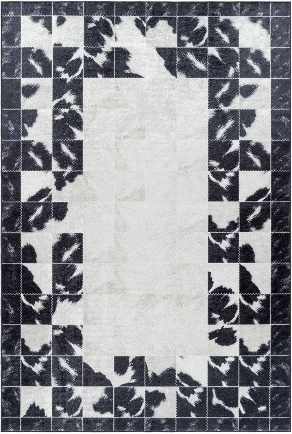 Waschbarer Teppich, Didigitaldruck Patchwork Felloptik, Rechteckig, Creme - Schwarz Farbe, Flachgewe