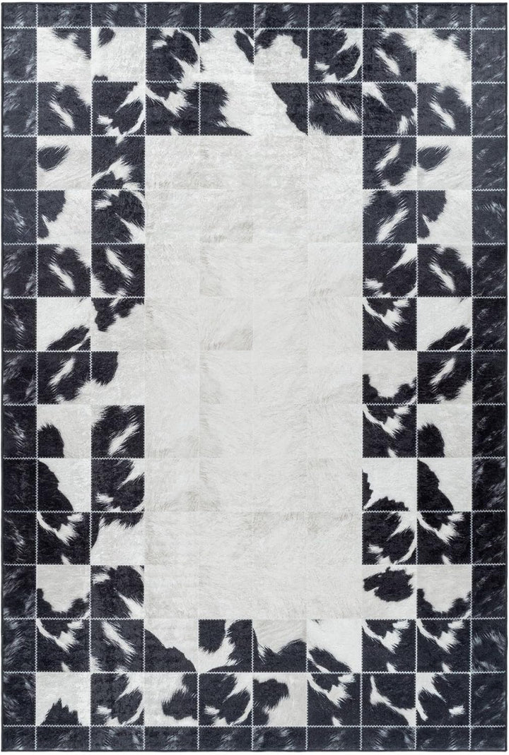 Waschbarer Teppich, Didigitaldruck Patchwork Felloptik, Rechteckig, Creme - Schwarz Farbe, Flachgewe