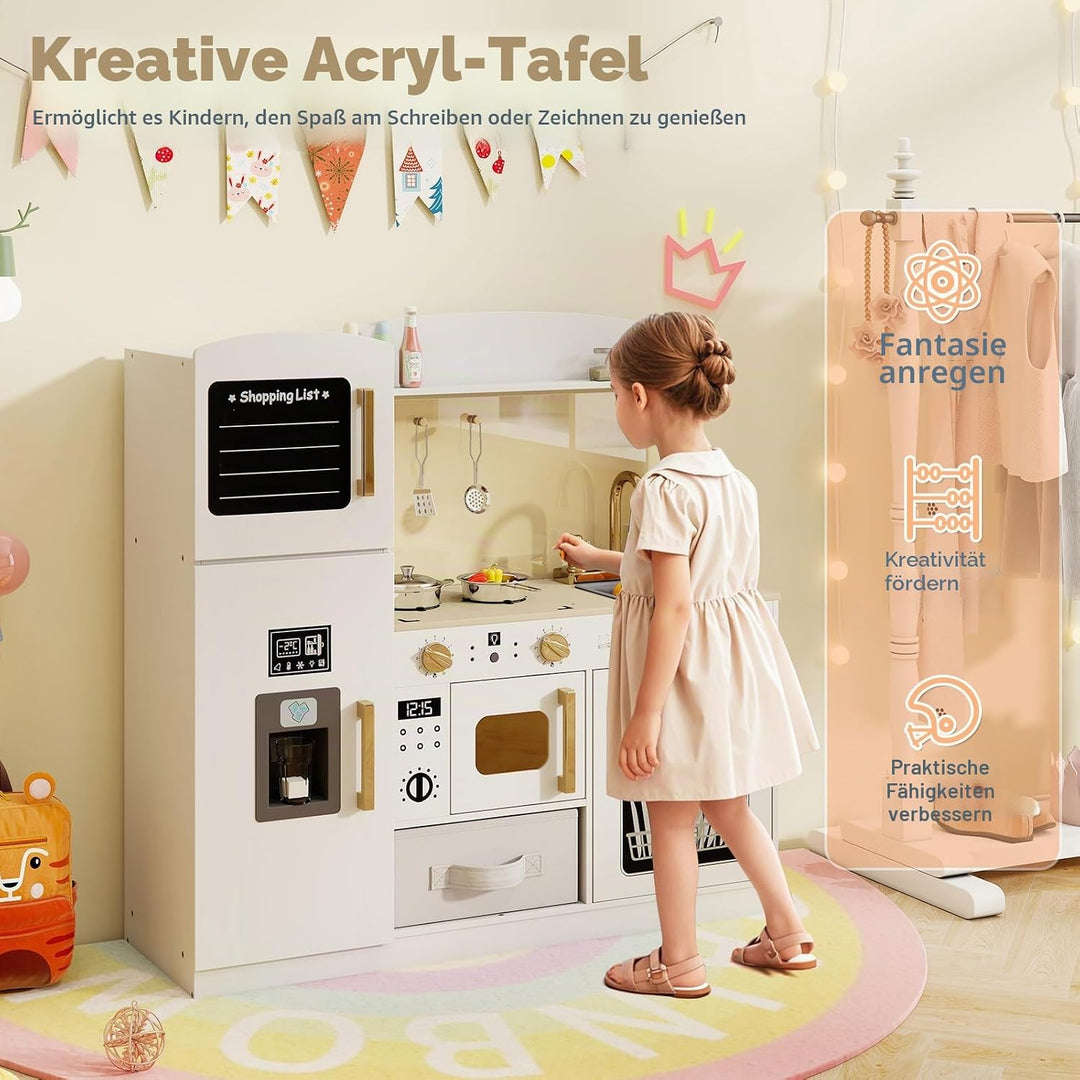 HOMASIS Kinderküche Holz, Spielküche mit beleuchteter Mikrowelle Herd Ofen Spüle Eismaschine Tafel A