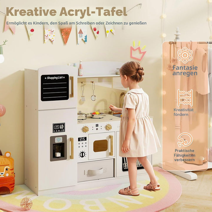 HOMASIS Kinderküche Holz, Spielküche mit beleuchteter Mikrowelle Herd Ofen Spüle Eismaschine Tafel A