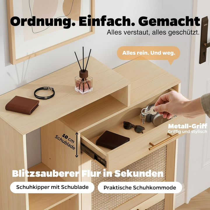 Schuhschrank schmal Holzoptik & handgefertigtes Rattan, moderner Schuhschrank mit Schublade – für Fl