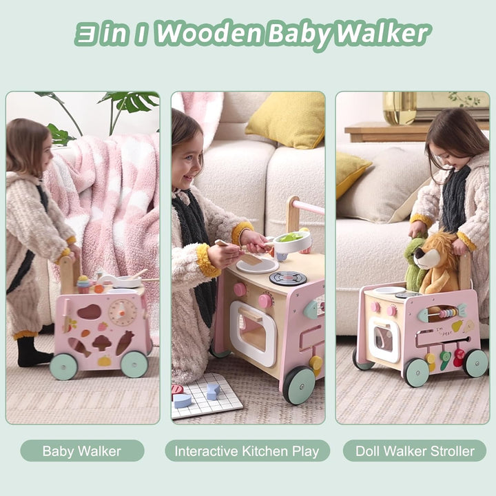 Lauflernwagen Holz, 9 in 1 Baby Lauflernhilfe mit Montessori Spielzeug und Spielküche, Holzspielzeug