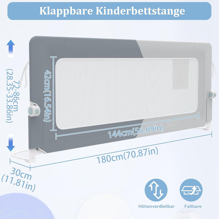 XMTECH Bettgitter 180 cm Rausfallschutz klappbar höhenverstellbar 2Farb | Metallrahmen, Oxford-Geweb