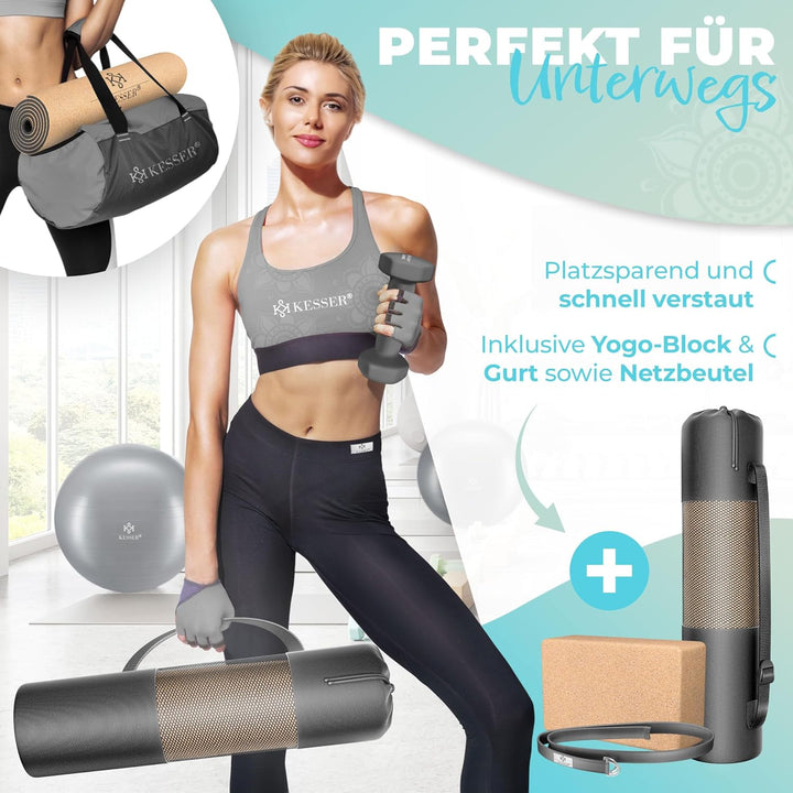 KESSER® Yogamatte Kork Inkl. Tragegurt Tasche & Yoga-Block Gymnastikmatte Yoga Matte rutschfest aus