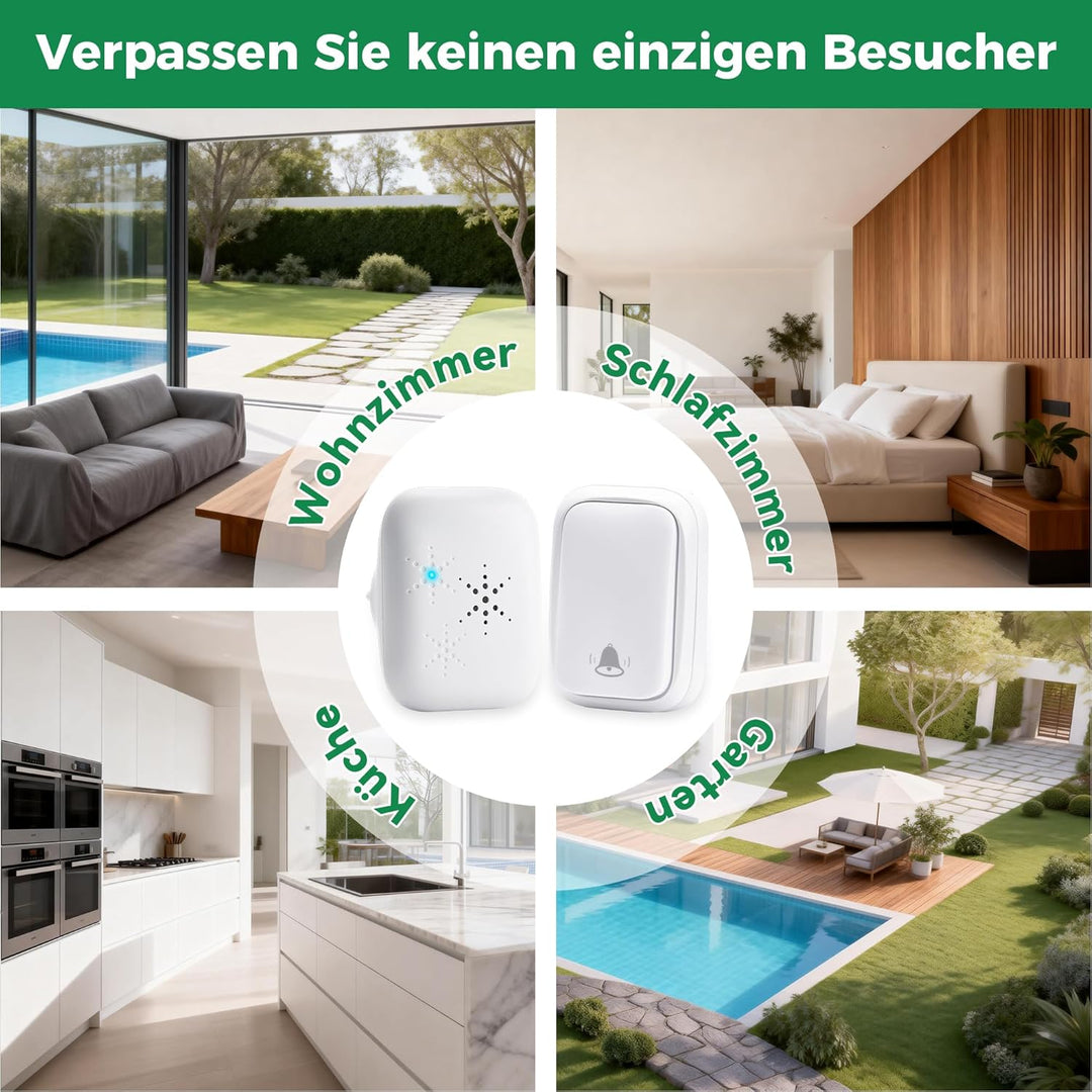 Funkklingel Türklingel Set – Kabellos & Batterielos, 4 Lautstärken, 120dB, 400m Reichweite, Wasserdi
