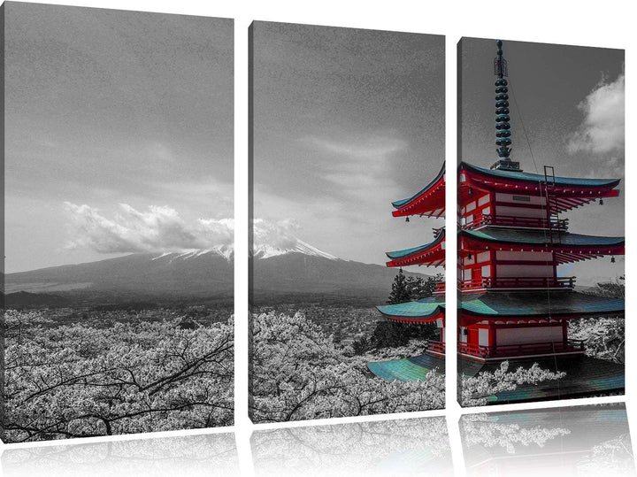 Japanisches Gebäude mit Berg im Hintergrund schwarz/weiss 3-Teiler Leinwandbild 120x80 Bild auf Lein