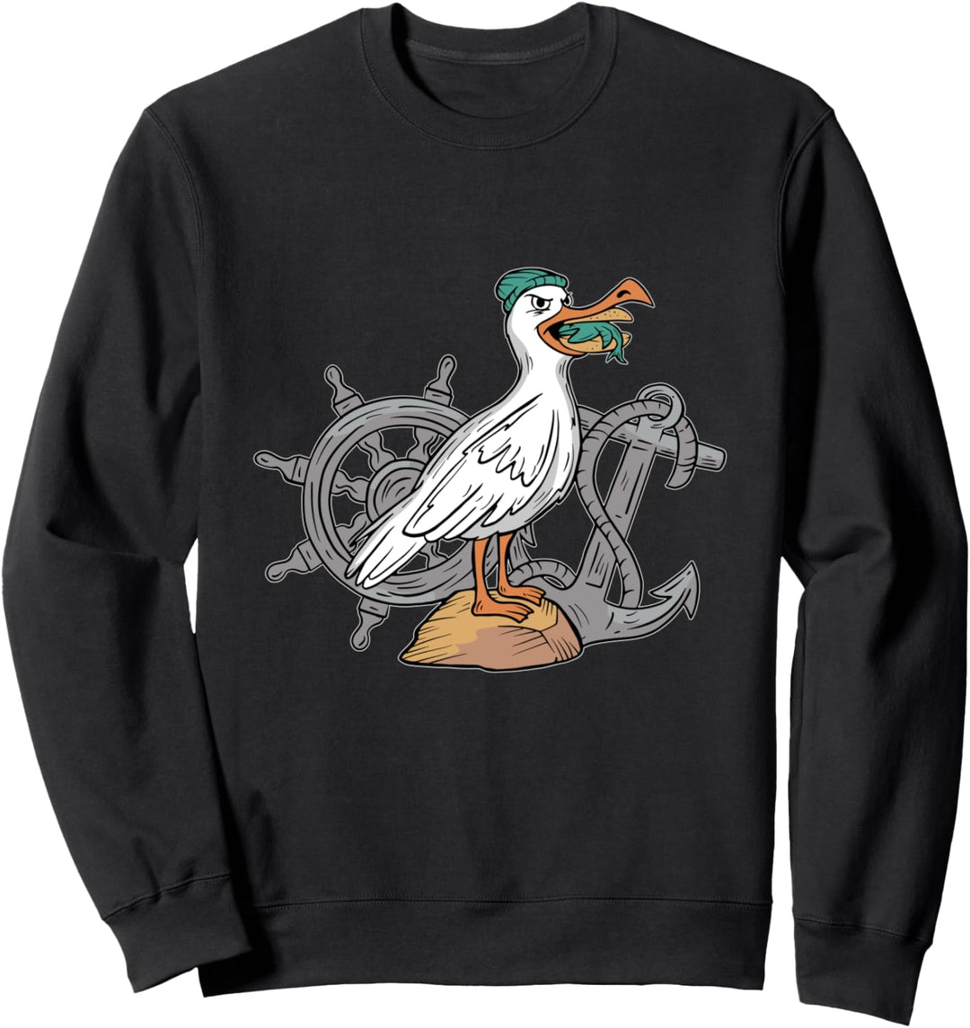 Möwe mit Seemannsmütze und Fischbrötchen im Maul Sweatshirt