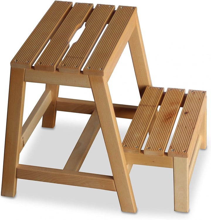 GartenDepot24 Stabiler Tritt Hocker aus Buchenholz mit 2 Stufen, klappbar, Natur, B38 x T54 x H45 cm