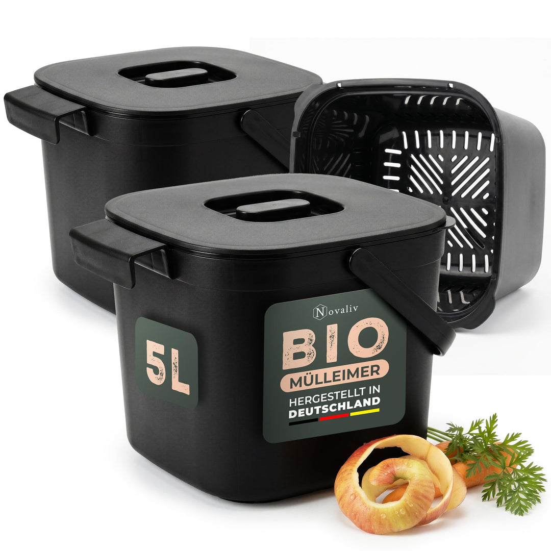 Novaliv Bio-Tischmülleimer 5L Schwarz 2er-Set mit Sieb, Komposteimer Küche mit Klappdeckel, Tragegri