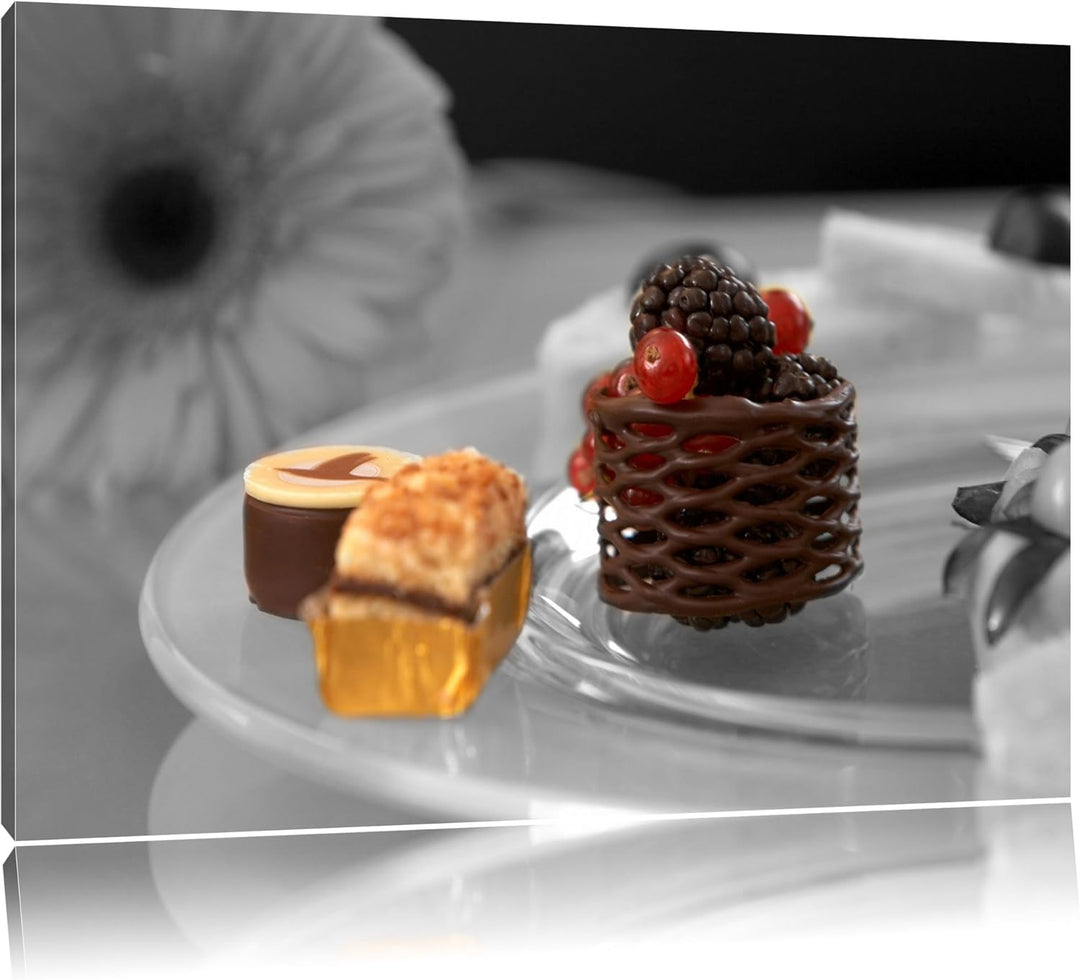 appetitliche süsse Desserts schwarz/weiss auf Leinwand, XXL riesige Bilder fertig gerahmt mit Keilra