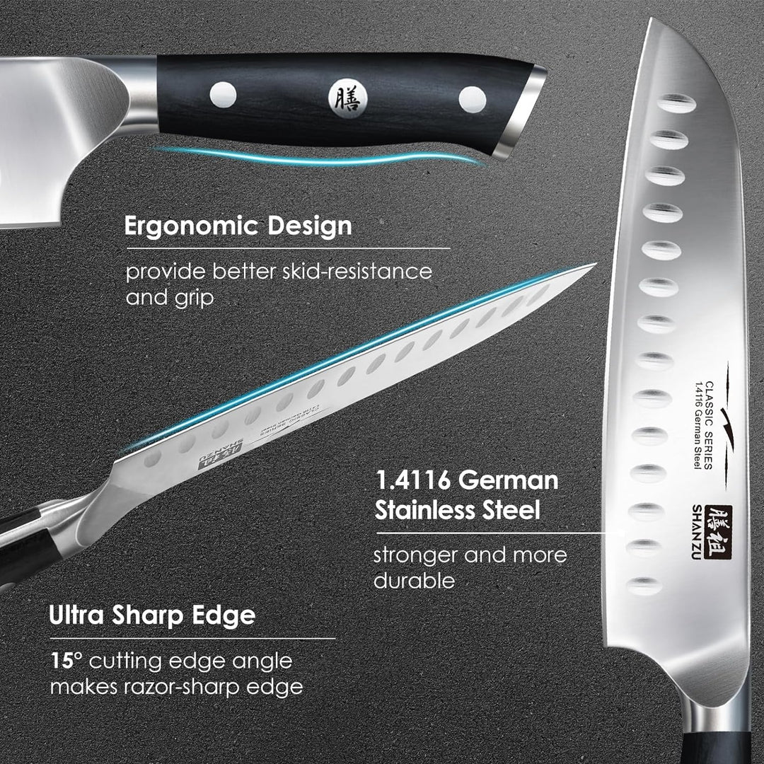 SHAN ZU Kochmesser Küchenmesser, Chefmesser Santoku Deutscher Carbon Edelstahl Scharfe Messerklinge