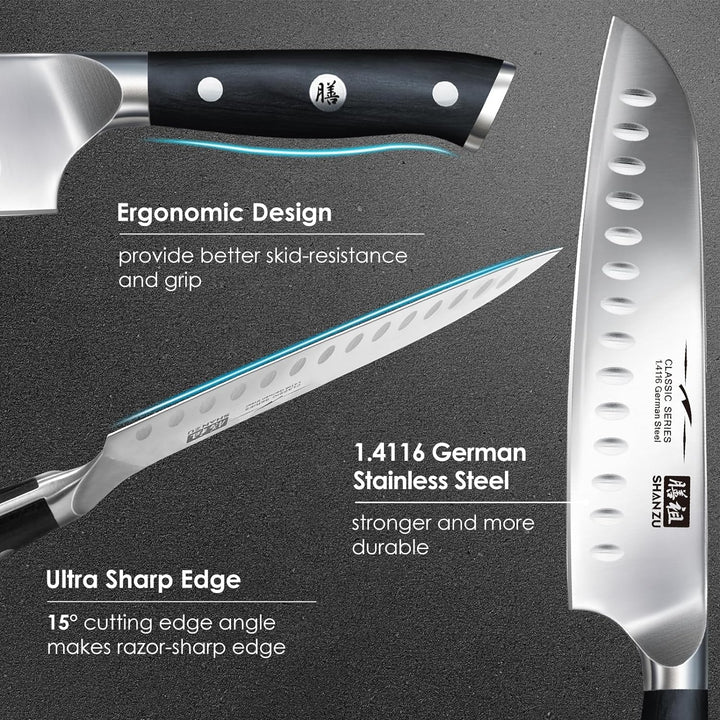 SHAN ZU Kochmesser Küchenmesser, Chefmesser Santoku Deutscher Carbon Edelstahl Scharfe Messerklinge