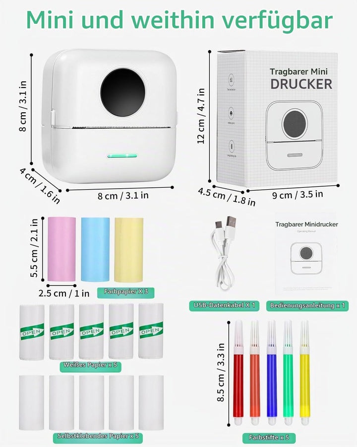 Mini Drucker,Tragbarer Mini Fotodrucker,Wireless Fotodrucker Thermodrucker mit 13 Rollen Druckerpapi