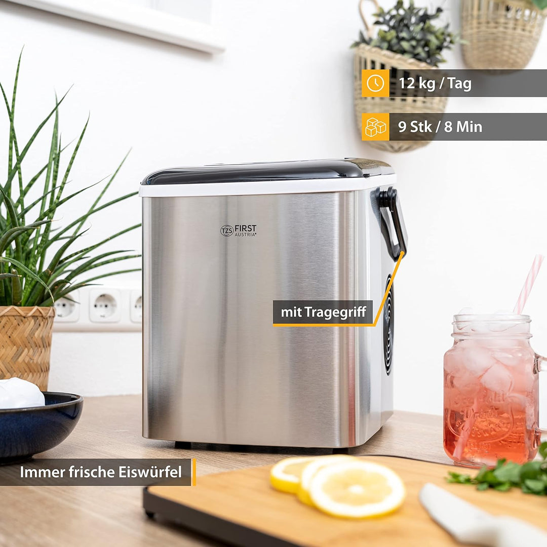 TZS First Austria Eiswürfelmaschine - Edelstahl Ice Cube Maker - 9 Würfel in 7-9 Minuten| Würfel S/L