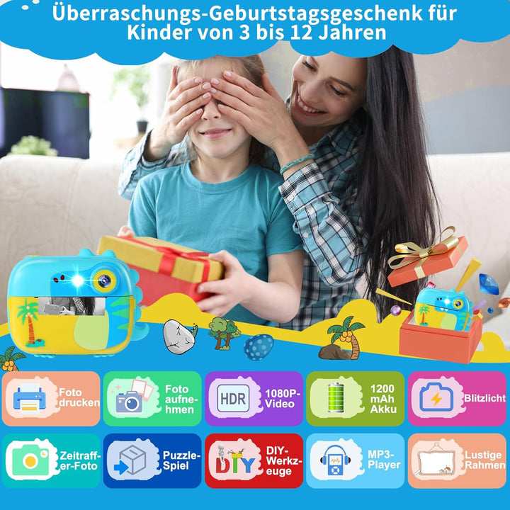 Sofortbildkamera Kinder,ARNSSIEN KinderKamera Sofortdruck mit 32G Karte und 7 Rollen Druckerpapier,