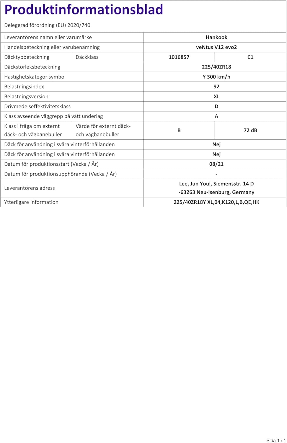 Hankook Ventus V12 Evo 2 K120 - 225/40R18 92Y - Sommerreifen, Ventus V12 evo2 225/40 ZR18 92Y - FSL/