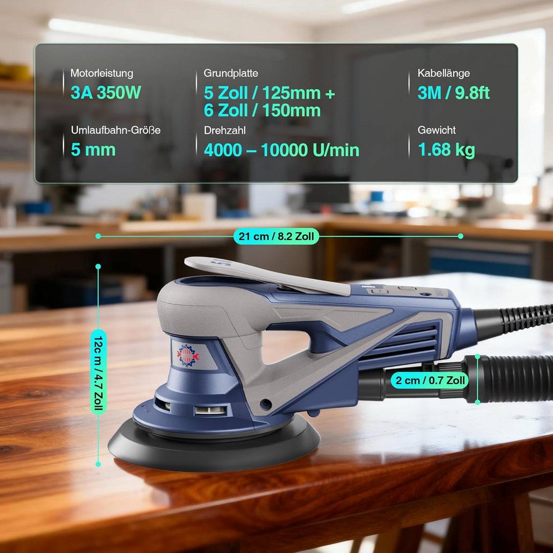 Bürstenloser Exzenterschleifer mit 125mm/150mm Schleifteller, 350W Schleifmaschine für Holz mit 20 S