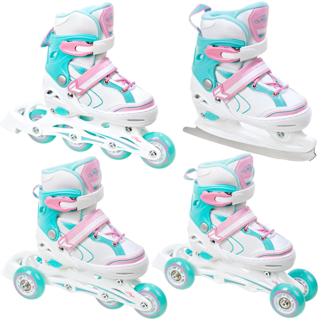 RAVEN 4in1 Inline Skates Triskates Rollschuhe Schlittschuhe Inliner für Kinder Mädchen verstellbar m