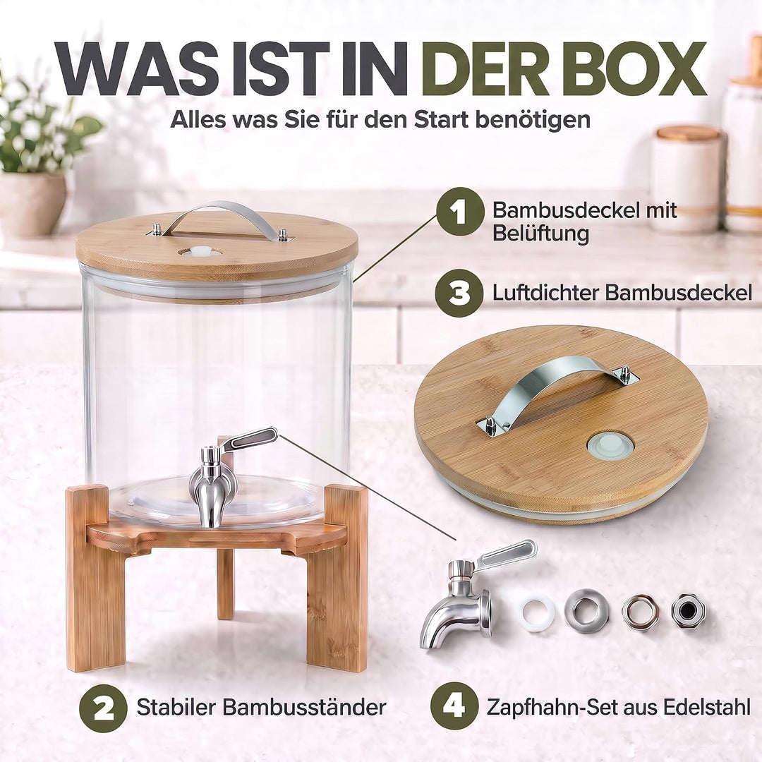 Getränkespender mit tropfsicheren Zapfhahn aus Edelstahl Wasserspender aus Glas mit Bambus Ständer u