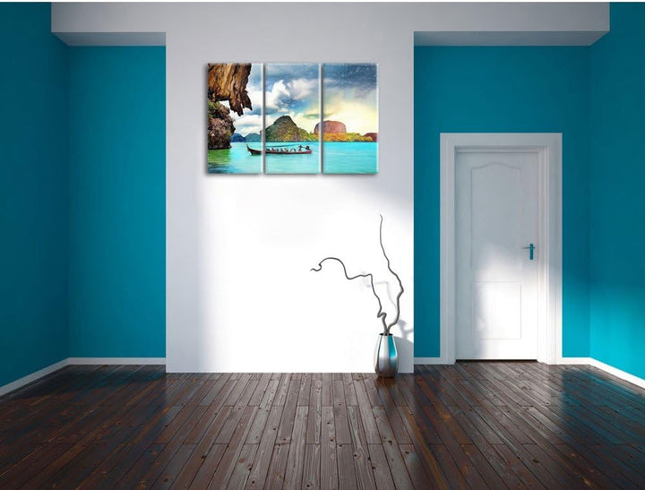Pixxprint Thailand Phuket Playa Paradisiaca Kunst Buntstift Effekt 3-Teiler Leinwandbild 120x80 Bild