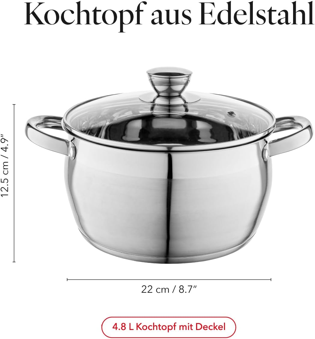 Florina Oliver 22 cm 4,8 L Edelstahltopf mit Glasdeckel | Für Induktion, Gas, Elektro, Ceran | Messs