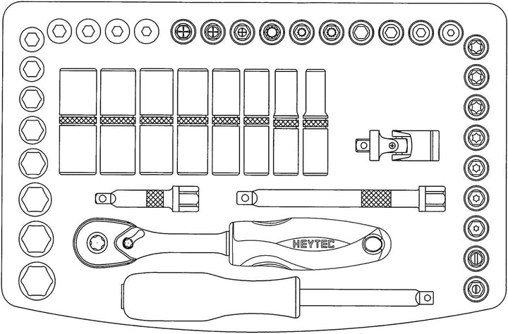 Heyco/Heytec 50825301583 Steckschlüsselgarnitur 1/4 Zoll, 44-teilig im Kunststoffkoffer 1/4" Silber