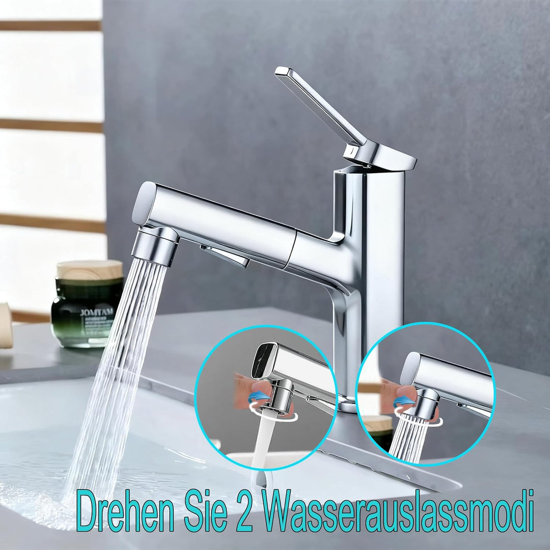 Wasserhahn Bad mit Ausziehbar Brause, Armatur Badezimmer mit 2 Strahlarten, Einhebelmischer Waschbec