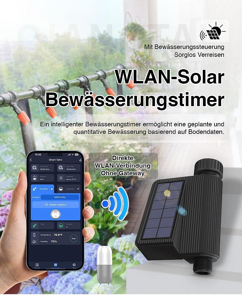 Royal Gardineer Bewässerungssystem WLAN: WLAN-Bewässerungscomputer, Solar, Wassermengenzähler, App,
