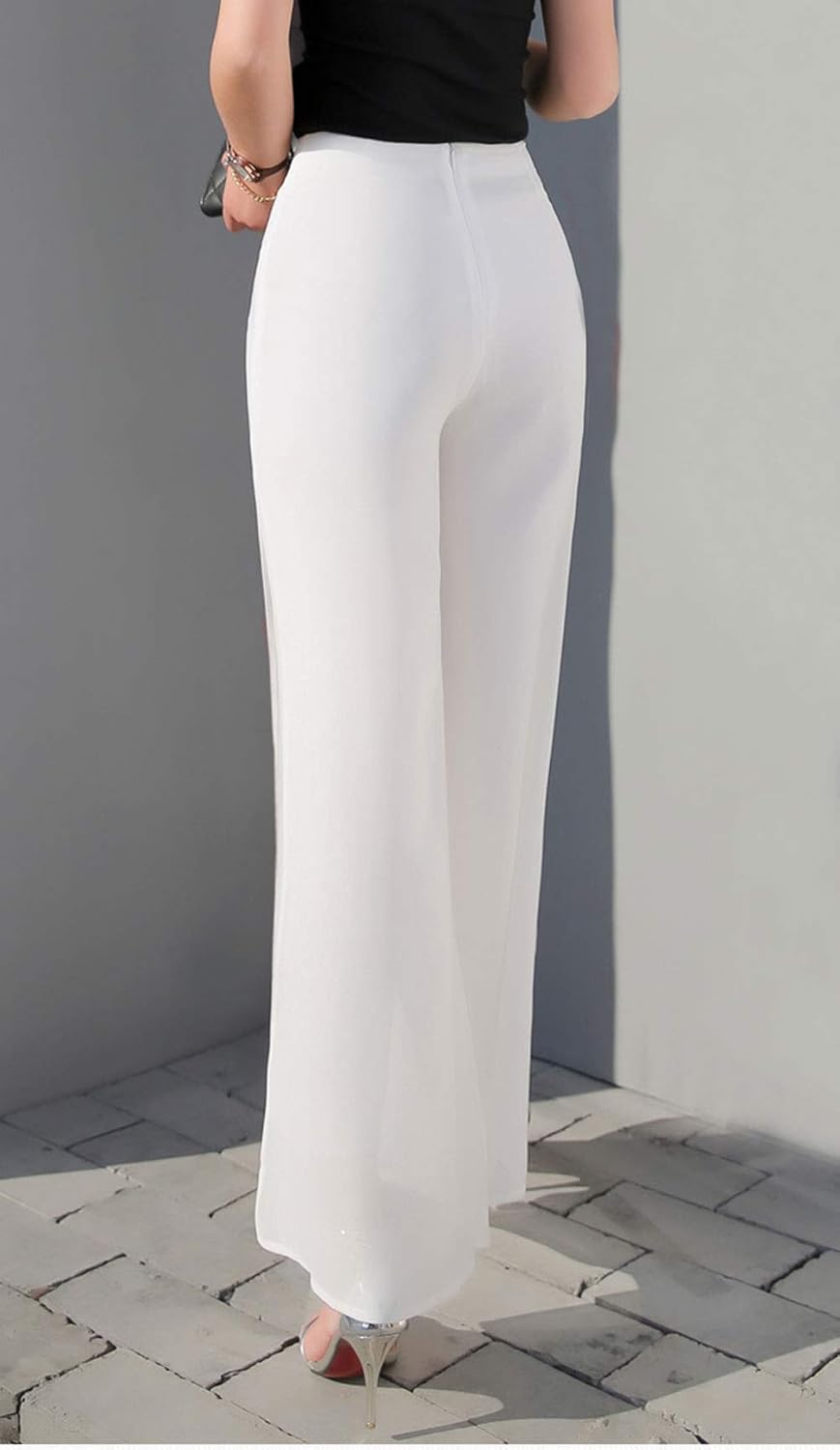 Putaowor Damen Leicht Chiffon hohe elastische Taille Fliessende Hose ausgestellt gerades Bein Frauen