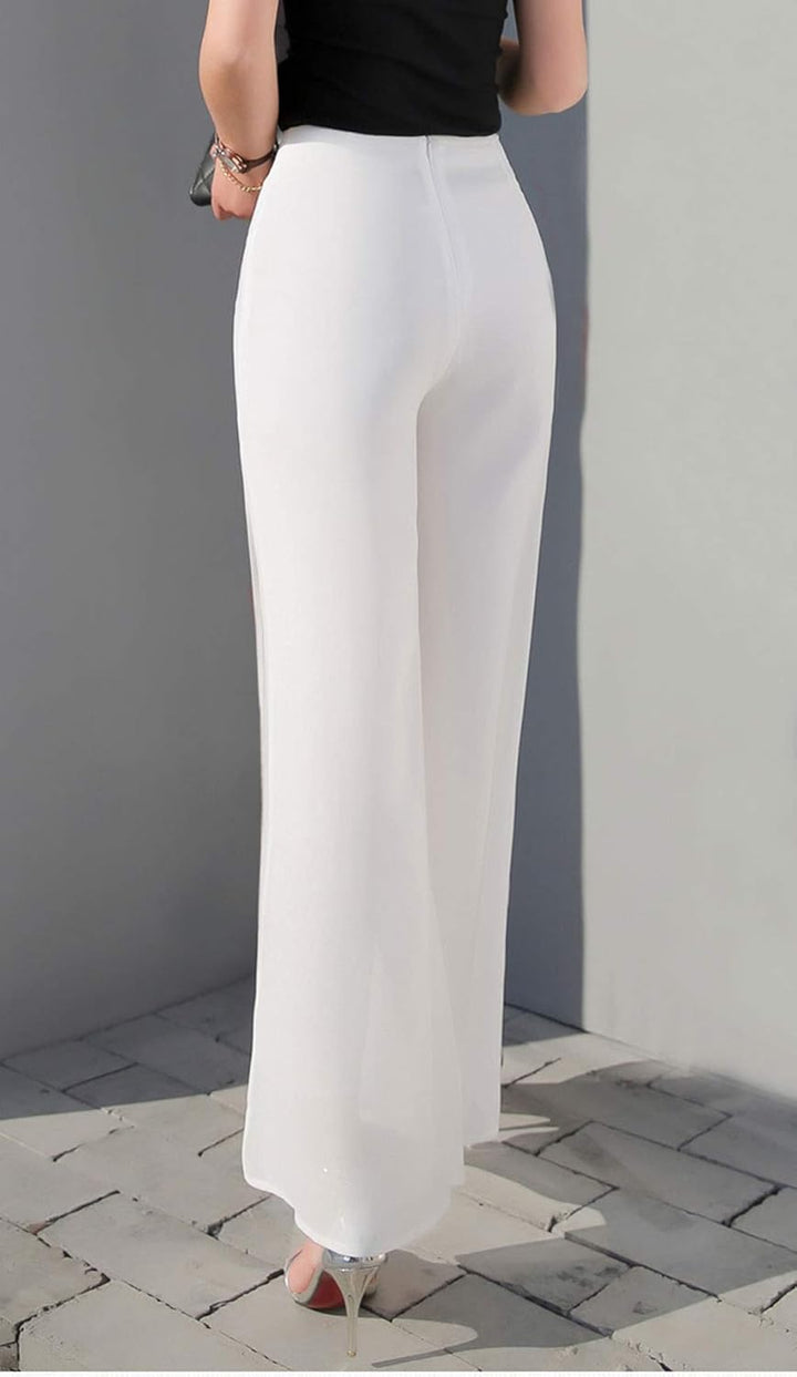 Putaowor Damen Leicht Chiffon hohe elastische Taille Fliessende Hose ausgestellt gerades Bein Frauen