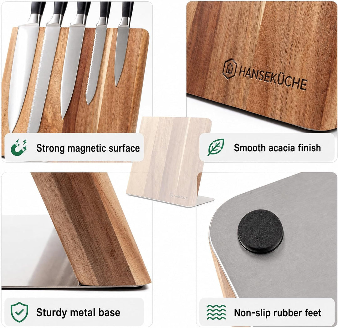 Hanseküche Messerhalter magnetisch – Magnetischer Messerblock aus Akazienholz, hochwertiges Messerbr