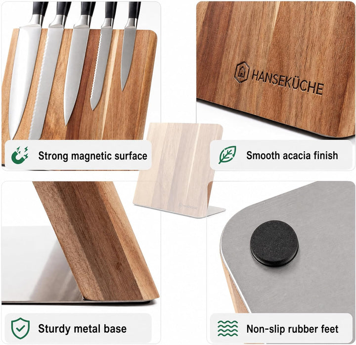 Hanseküche Messerhalter magnetisch – Magnetischer Messerblock aus Akazienholz, hochwertiges Messerbr