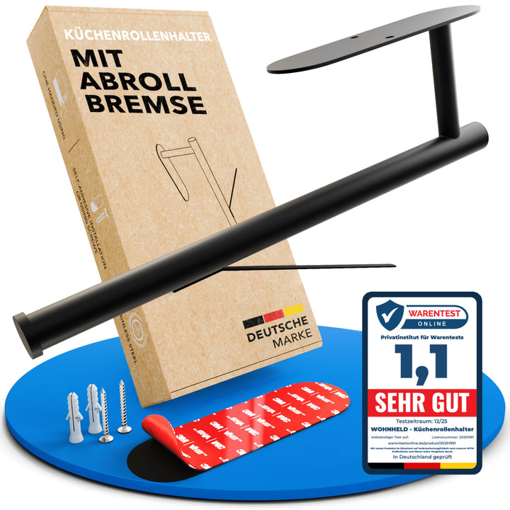 WOHNHELD® Küchenrollenhalter ohne Bohren [Mit Abroll-Bremse] für einhändiges Abreissen - Edelstahl s