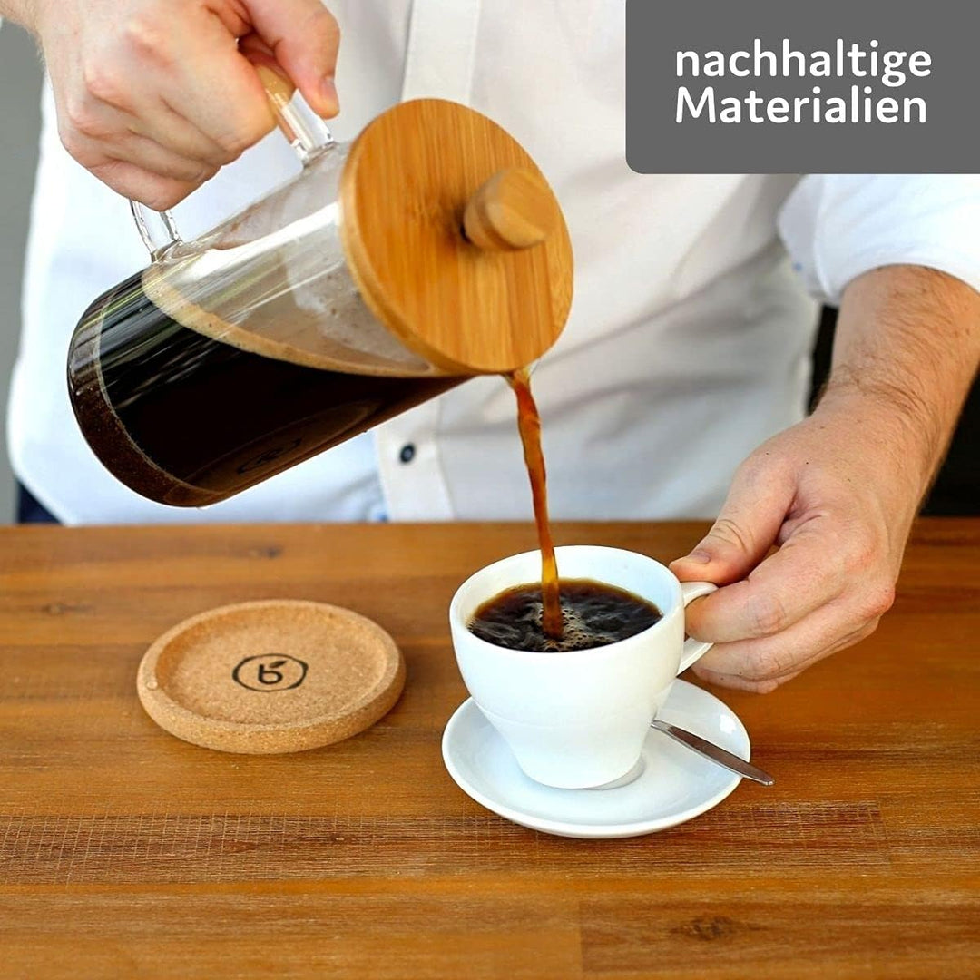 Buntfink French Press 1 Liter Glas – Kaffeebereiter mit Edelstahl-Filter & Bambus-Deckel – mit je 2