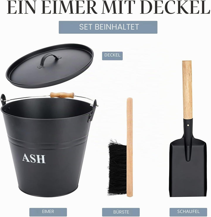 INNO Stage Ascheeimer mit Deckel, Schaufel und Besen, Kohleeimer für Kamin, Feuerstelle, Herde, Holz