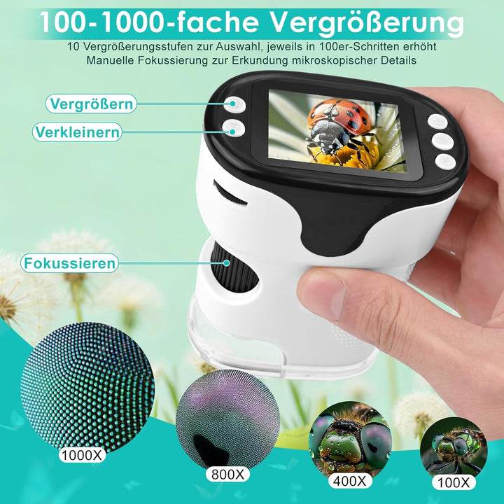Mikroskop für Kinder 1000X 4K Digitales Mikroskop für Kinder 2,0″IPS-Display &amp; 8 LED,720P HD Tragbar