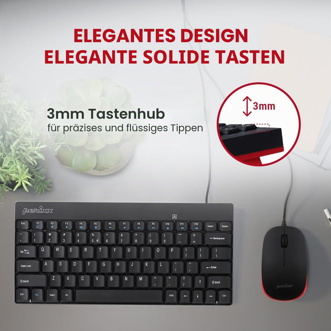 Perixx PERIDUO-212 Kabelgebundene Mini-Tastatur und Maus Set, USB Anschluss, Schwarz, US Englisch La