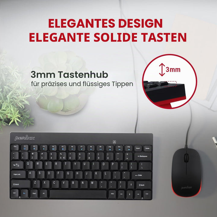 Perixx PERIDUO-212 Kabelgebundene Mini-Tastatur und Maus Set, USB Anschluss, Schwarz, US Englisch La