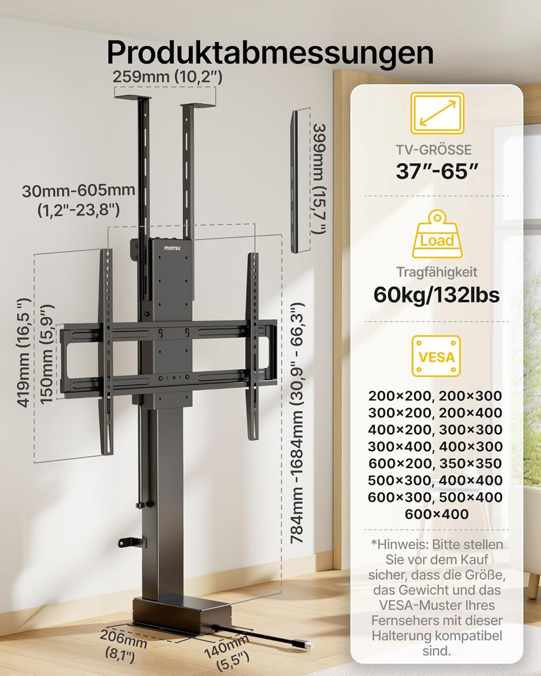 monTEK Elektrisch TV Lift zum Einbau für 37-65 Zoll bis 60kg, VESA 600x400 | mit Funkfernbedienung,