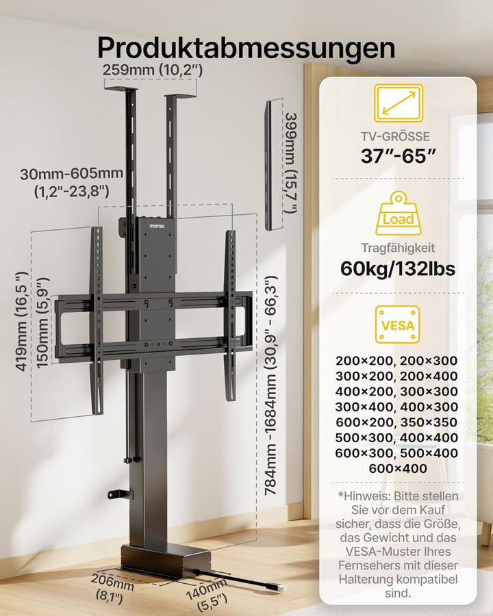 monTEK Elektrisch TV Lift zum Einbau für 37-65 Zoll bis 60kg, VESA 600x400 | mit Funkfernbedienung,