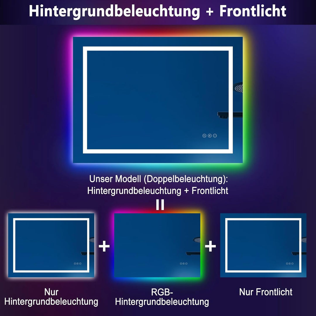 Badspiegel mit Beleuchtung | 3-Farben & RGB-Led Spiegel-Dimmbar | Anti-Beschlag | 50x70 cm | IP65 Wa