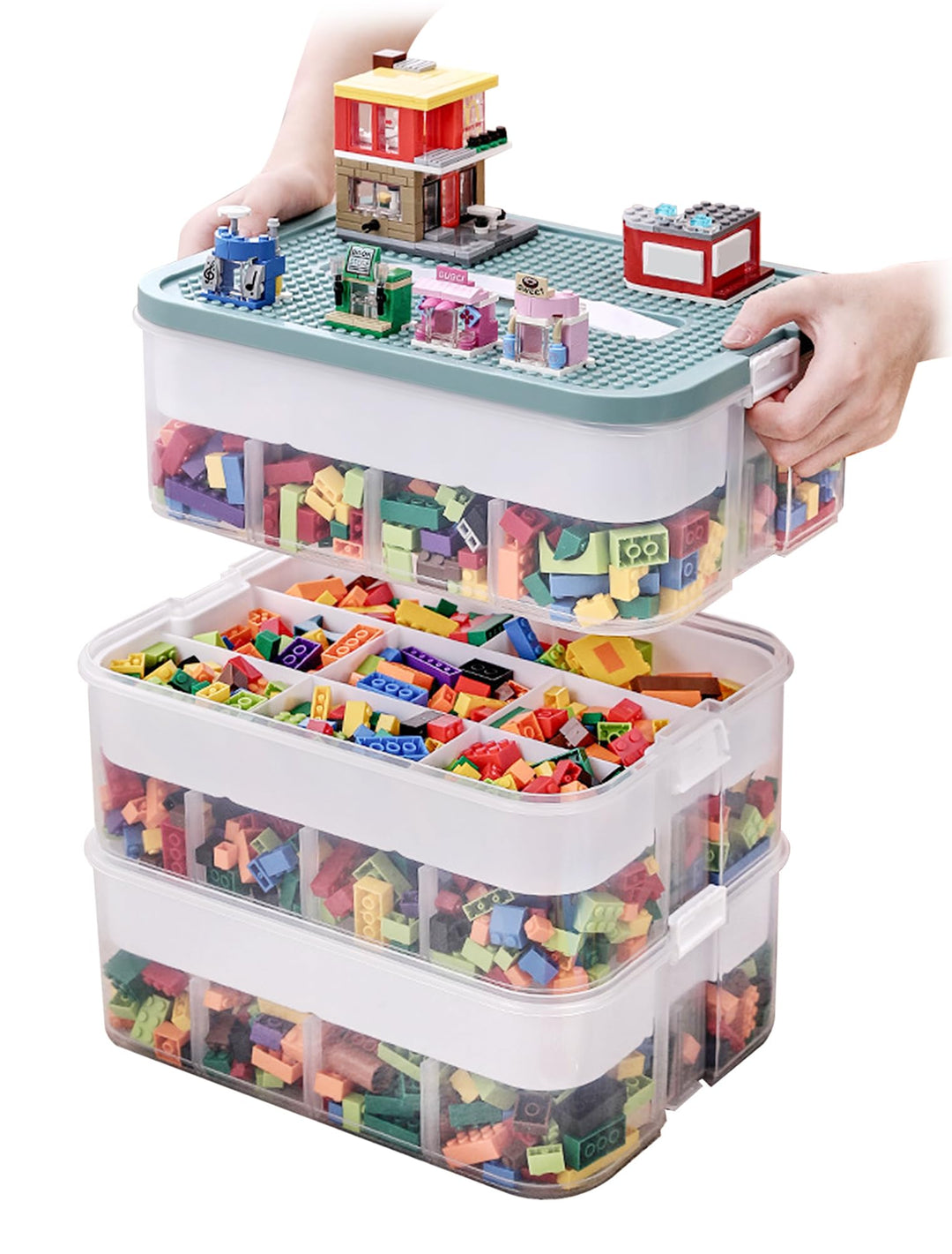 Aufbewahrungsboxen mit Deckel für Lego, 3 Ebenen Transparente Sortierbox, Plastik Stapelbar Box mit