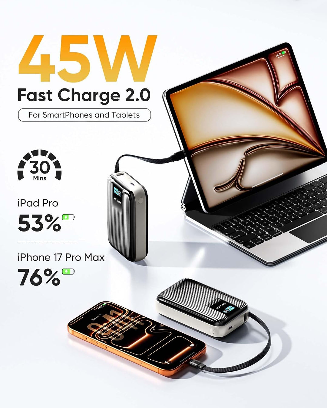 Power Bank 20000mAh, Ultra Klein 45W Schnellladung Powerbank mit Integriertem USB C Kabel &amp; LED Disp